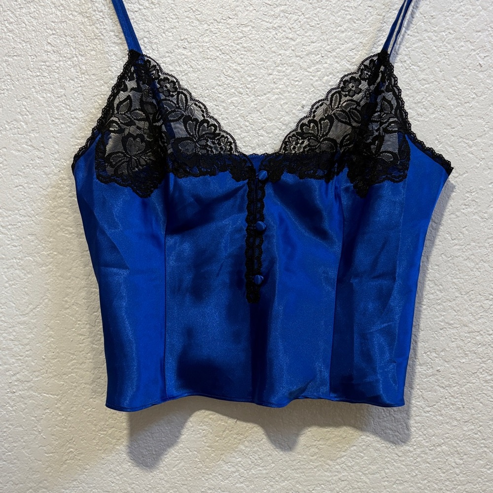 Frederick’s of Hollywood Blue Satin Camisole with Black Lace Trim